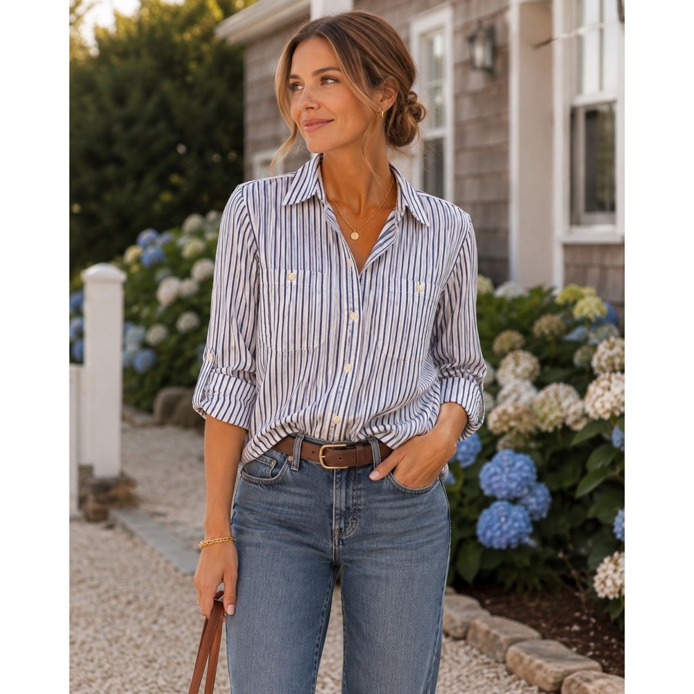 Lauren Ralph Lauren Coastal Luxe Hamptons Preppy Striped Cotton Button Down Sz M